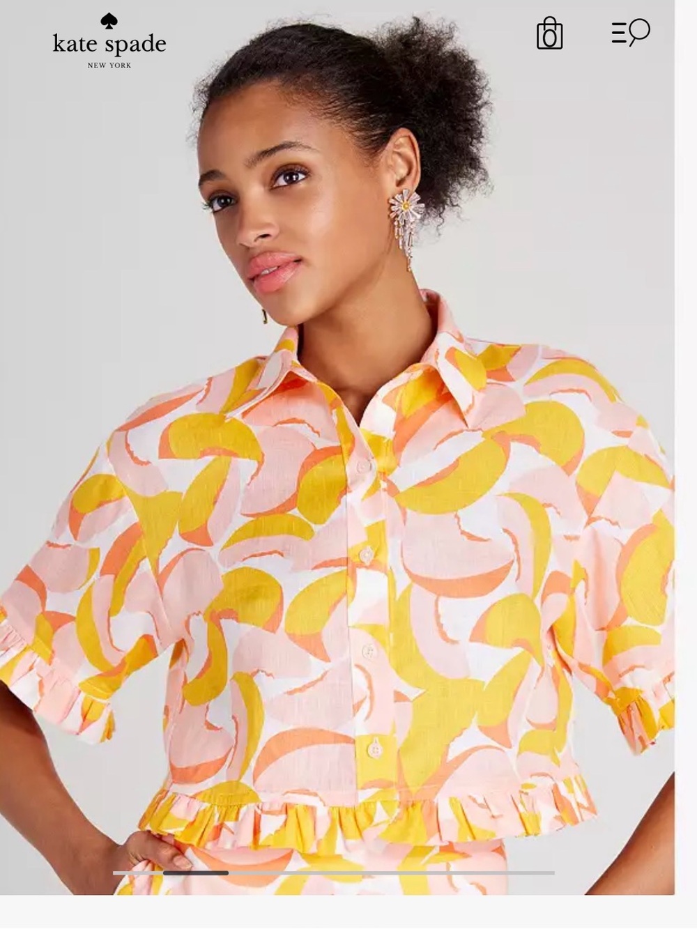 Kate Spade Peaches Ruffle Crop Top 100% Linen Fruit Print Button Front Blouse M